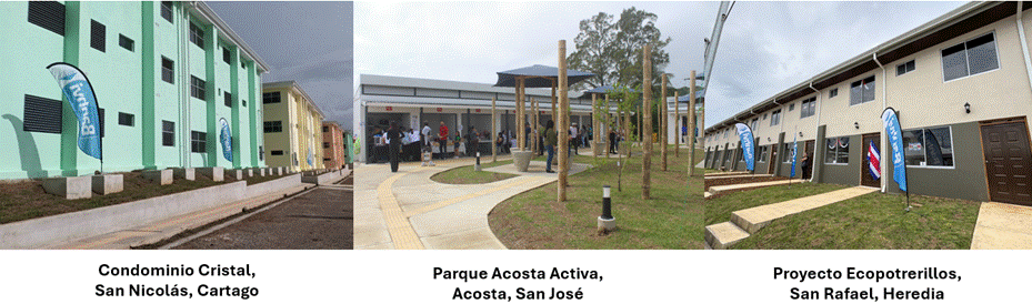 Fotografías de los proyectos entregados: Condominio Cristal en San Nicolás de Cartago, Parque Acosta Activa, en Acosta, San José, Ecopotrerillos en San Rafael de Heredia.